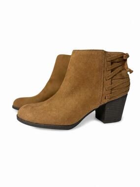 Indigo Rd Tan Faux Suede Back Lace Block Heel Ankle Booties Size 7M